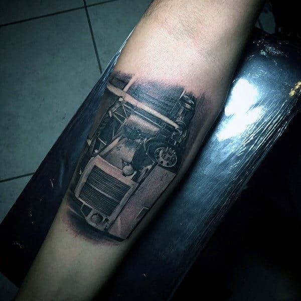 Realistic Guys Semi Truck Inner Forearm Tattoo Designs