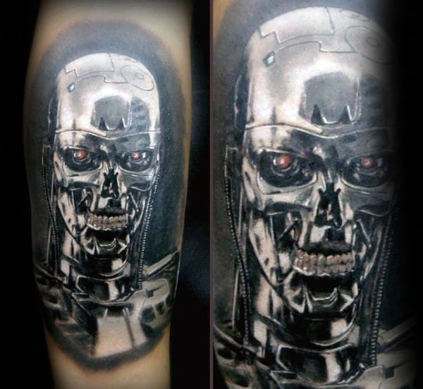 Realistic Guys Terminator Metallic Tattoo On Arms
