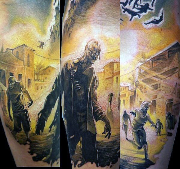 Realistic Guys Walking Zombie Tattoo On Arm