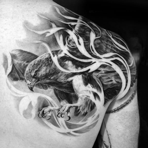 Realistic Hawk Diving Through Flame Tattoo For Men Shoulder