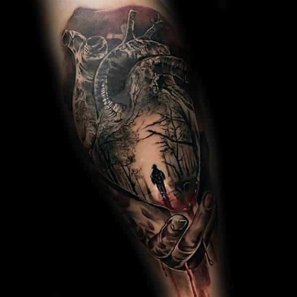Realistic Heart With Man Walking In Woods Guys 3d Leg Tattoo