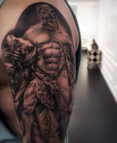 Realistic Hercules Upper Arm Male Tattoo Design Inspiration