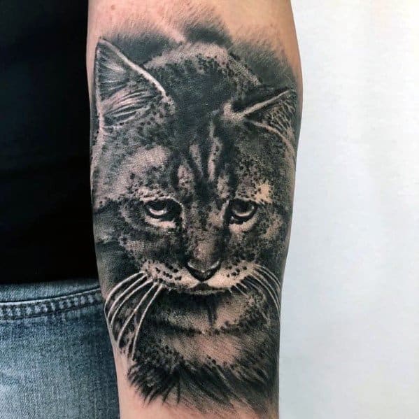 Hyper-realistic cat tattoo on the forearm, featuring detailed fur texture and expressive eyes for a lifelike and striking design.