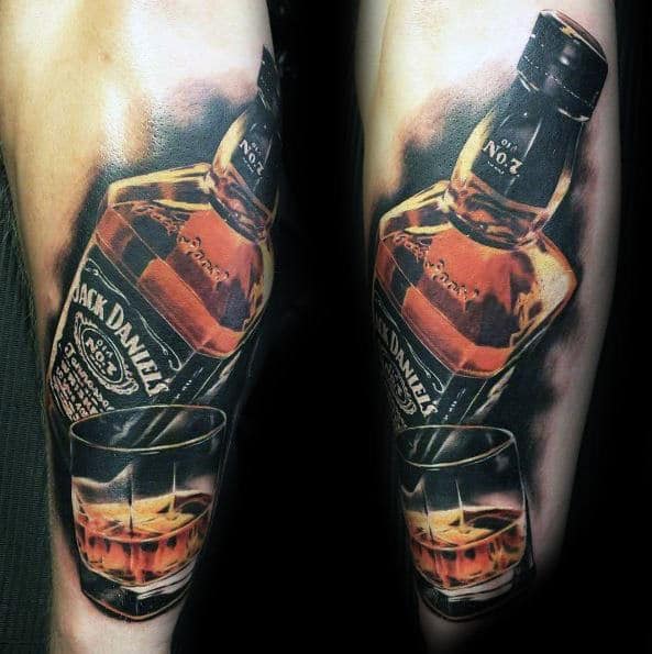 Realistic Jack Daniels Bottle With Whiskey Glass Mens Tattoo