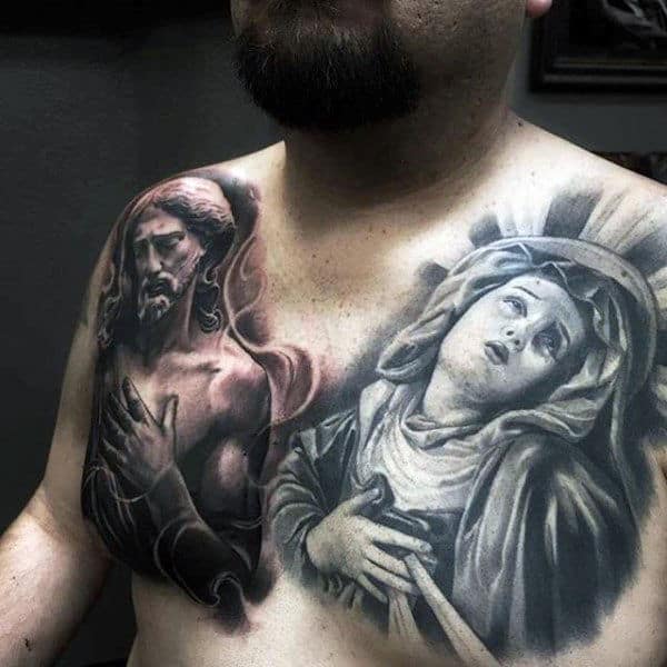 Realistic Jesus And Mary Tattoos On Upper Chest For Men