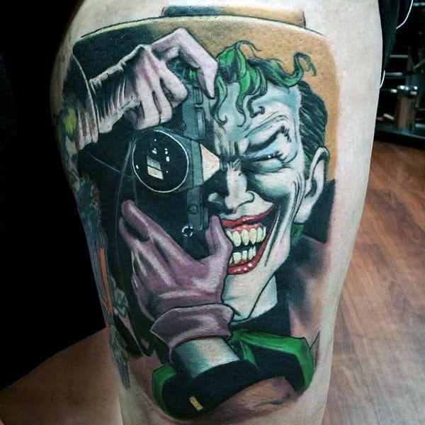Realistic Joker Thigh Batman Tattoos For Guys