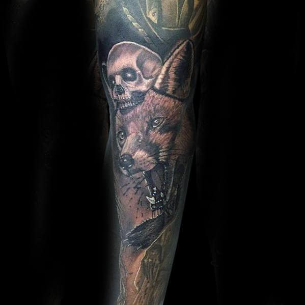 realistic-kitsune-fox-skull-male-sleeve-tattoo