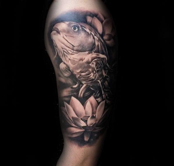 Realistic Koi Fish With Lotus Flower Mens Upper Arm Tattoos