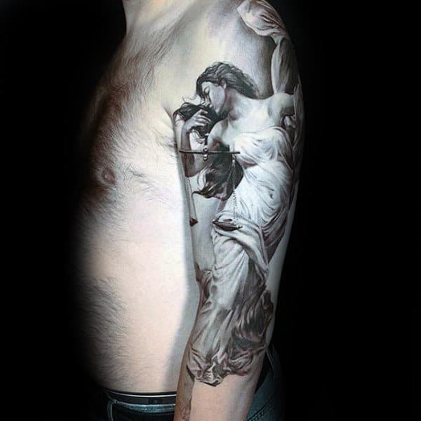 Realistic Lady Justice Guys Libra Half Sleeve Tattoos