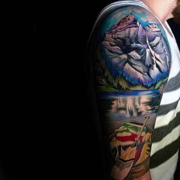 Realistic Landscape Male Tattoo Designs On Arm Sleeve Design