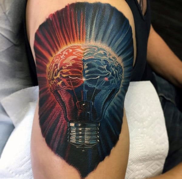 Realistic Light Bulb Brain Mens Upper Arm Tattoo