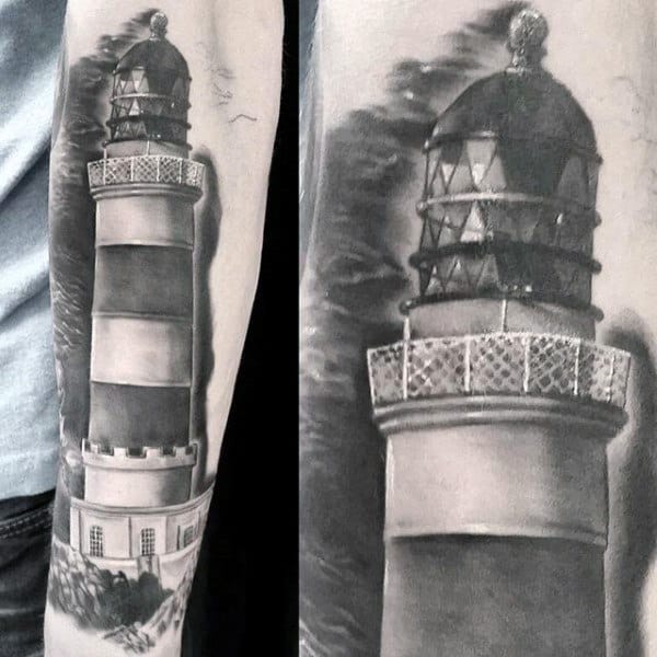 Realistic Lighthouse Male Tattoo Grey Shading