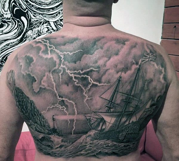 Realistic Lightning Ship Nautical Mens Back Tattoos