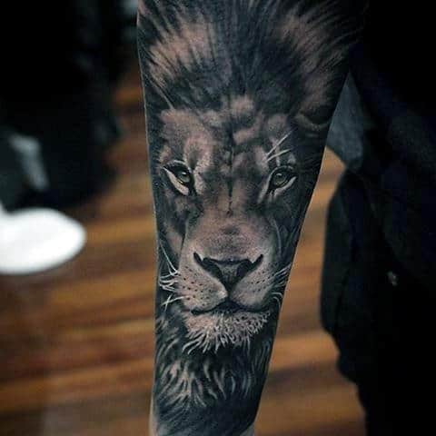 Realistic Lion Portrait Guys Forearm Sleeve Tattoos