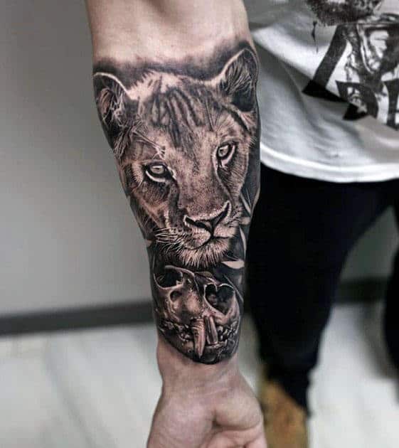 Realistic Lion Skull Guys Forearm Sleeve Tattoo