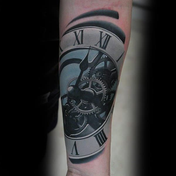 Realistic Male Sick Clock Tattoo On Forearm Ideas