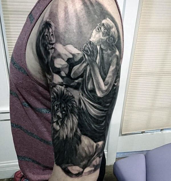 Realistic Man Praying With Lions Mens Half Sleeve Tattoo