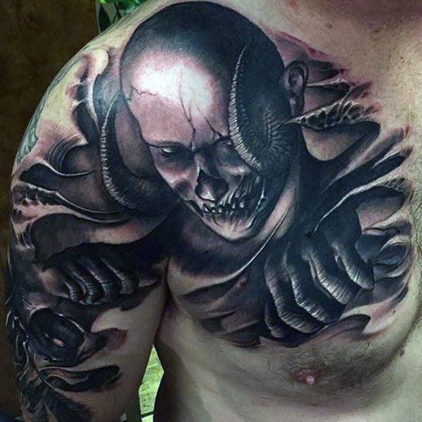 Realistic Manly Devilish Creature Tattoo Male Chest