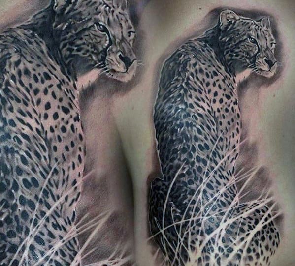 Realistic Mens 3d Cheetah Back Tattoo Design Ideas