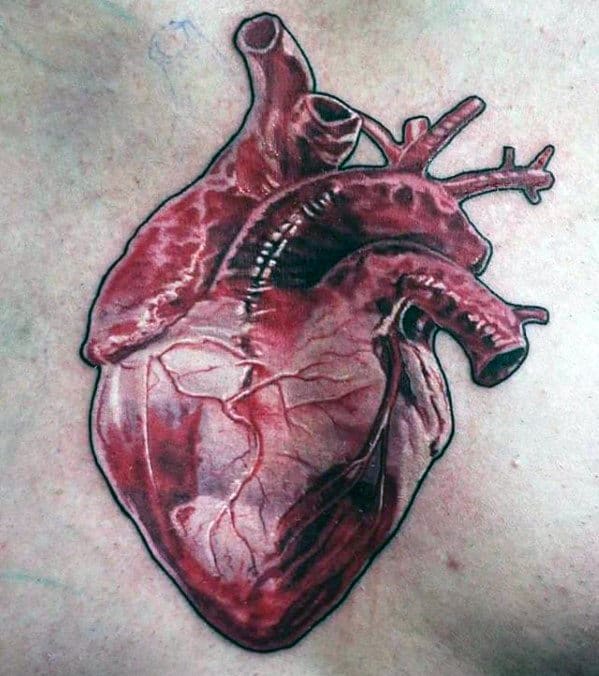 Realistic Mens Anatomical Heart Upper Chest Tattoo