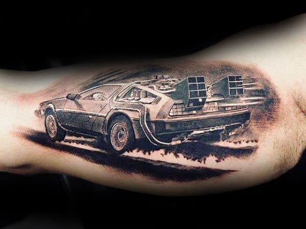 Realistic Mens Back To The Future Delorean Car Tattoo On Inner Arm Bicep