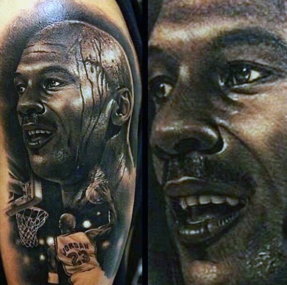 Detailed portrait tattoo of a basketball player featuring a close-up and action shot with jersey
