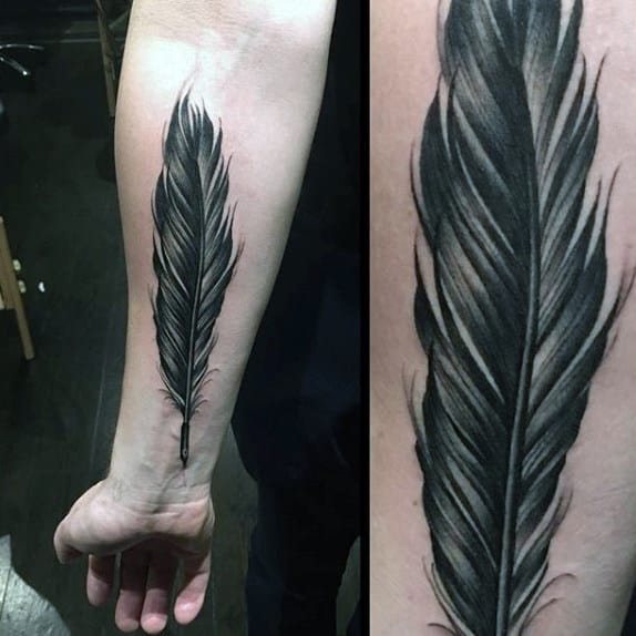 Realistic Mens Dark Feather Tattoo Forearms