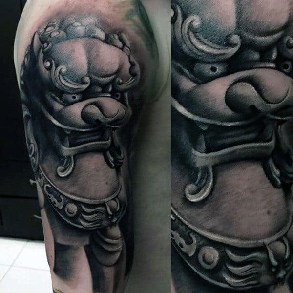 Realistic Mens Foo Dog Half Sleeve Tattoo Design Ideas