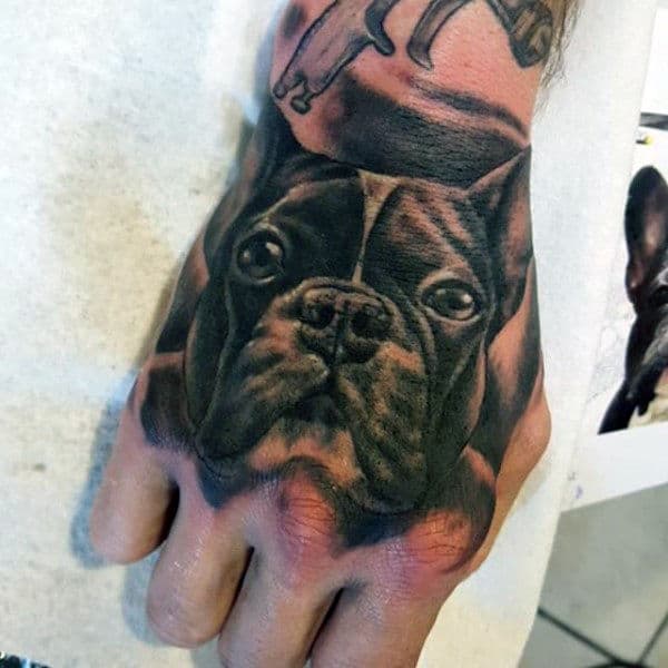 Realistic Mens French Bulldog Hand Tattoo Inspiration