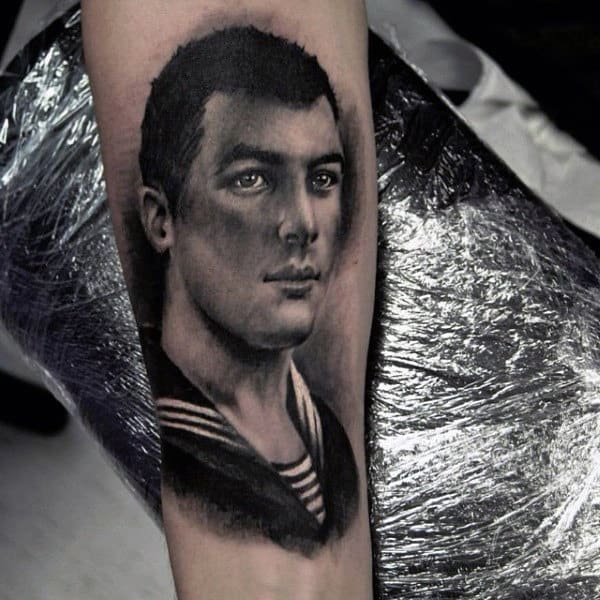 Realistic Mens Grandpa Portrait Tattoo On Inner Forearm