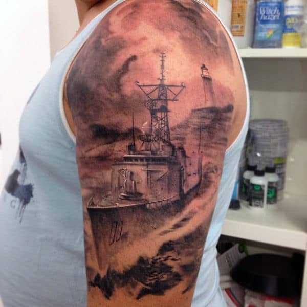 Realistic Mens Half Sleeve Navy Ship Tattoos