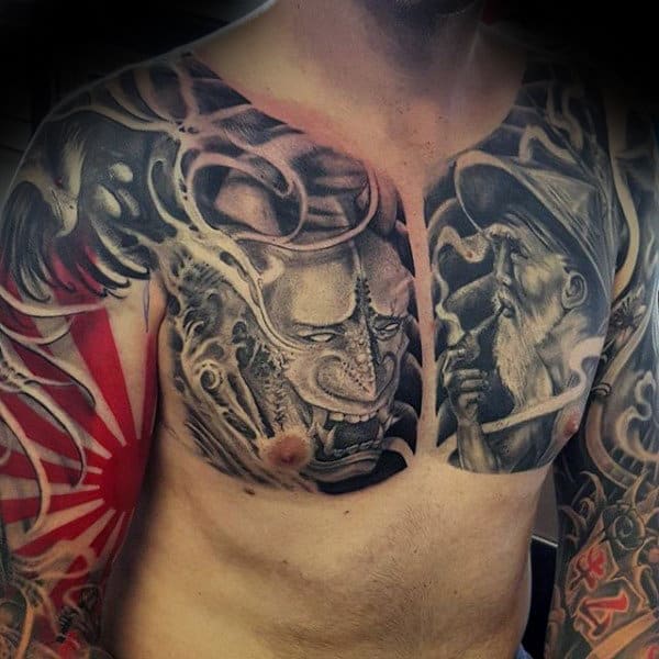 Realistic Mens Hannya Mask Upper Chest Tattoo