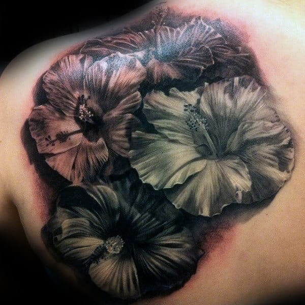 Realistic Mens Hibiscus Shoulder Blade Tattoo