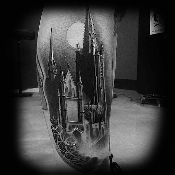 Realistic Mens Leg Castle Tattoos