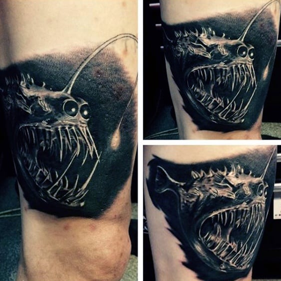 Realistic Mens Manly Angler Fish Tattoo Designs Thigh