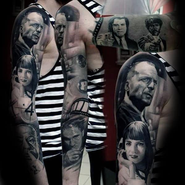 Realistic Mens Pulp Fiction Characters Arm Sleeve Tattoo