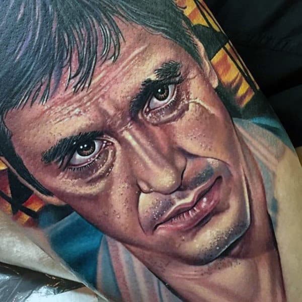 Realistic Mens Scarface Sleeve Tattoo Portrait