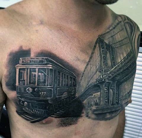 Realistic Mens Train Car With Bridge Chest Tattoo