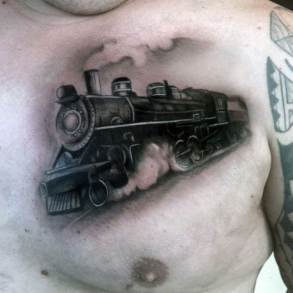 Realistic Mens Train Tattoo On Upper Chest