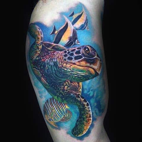 Realistic Mens Turtle Bicep Tattoo Design With Watercolor Background