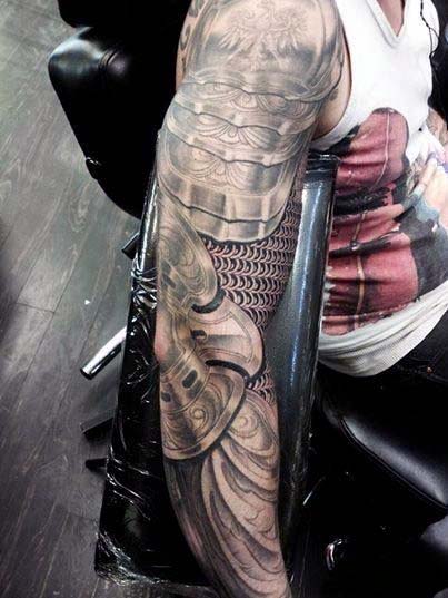Realistic Metallic Extreme Battle Armor Plate Mens Sleeve Tattoo