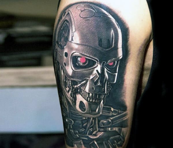 Realistic Metallic Terminator Tattoos For Guys On Arms