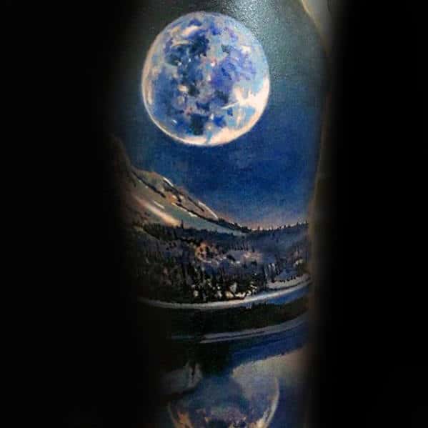 Realistic Moon With Lake Lanscape Guys Sleeve Tattoo