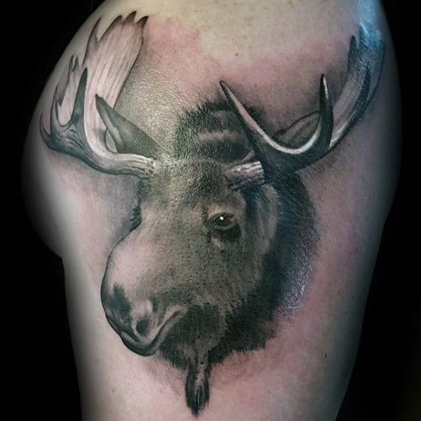 Realistic Moose Head Mens Upper Arm Tattoo Shaded Ink
