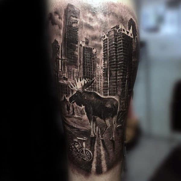 Realistic Moose In City With Skyline Mens Sleeve Tattoo On Leg