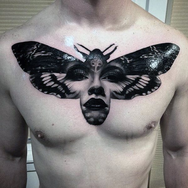 Realistic Moth Female Portrait Tattoo On Chest