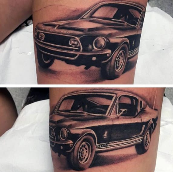 Realistic Mustang Coupe Mens Sports Car Thigh Tattoo Designs