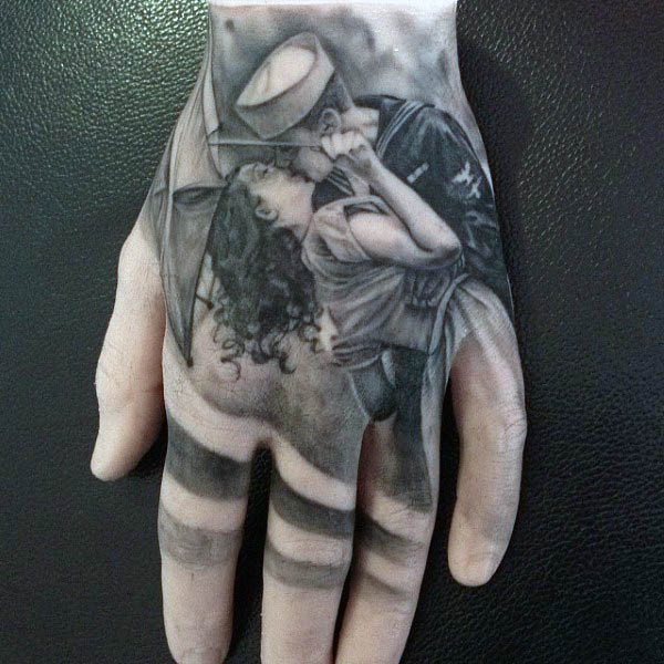 Realistic Navy Sailor Kissing Woman Hand Tatto For Men