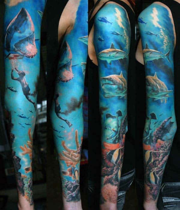 Realistic Ocean Sleeve Tattoo Ideas For Gentlemen