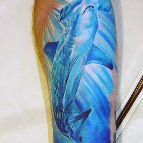 Realistic Ocean Water Sun Rays Hammerhead Shark Leg Tattoo For Men